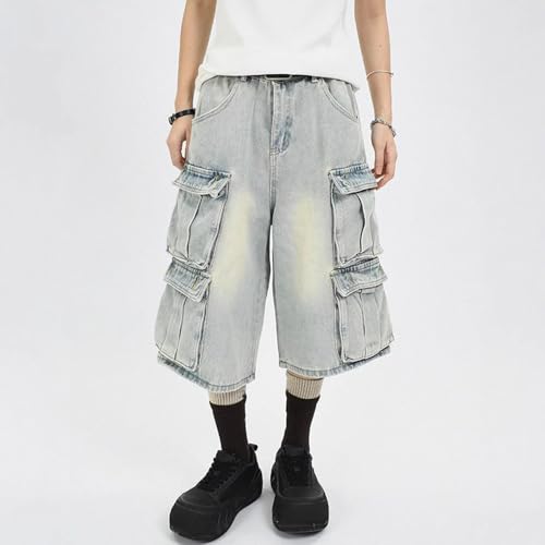Retro Casual Jeans American high Street Fashion Light Blue Washed Loose Wide Leg Multi Pocket Cargo Pants Unisex2