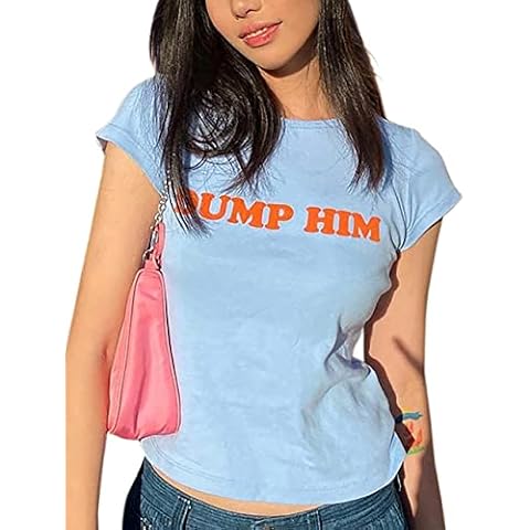 MISSACTIVER Women’s Y2K Dump Him Letter Print Crop T-Shirt Streetwear O-Neck Short Sleeve Crop Tops 2000s Aesthetics, Blue, Medium Cover