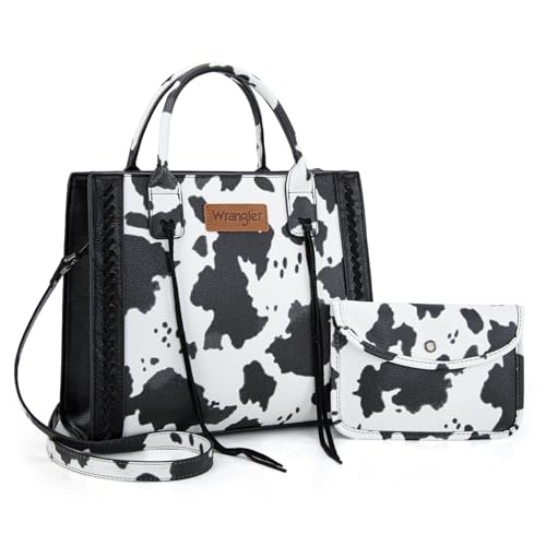 Wrangler Cow Print Tote Bag for Women Western Purse Top Handle Satchel Purse and Wallet Set 2Pcs Gift WG2-242COW-BK
