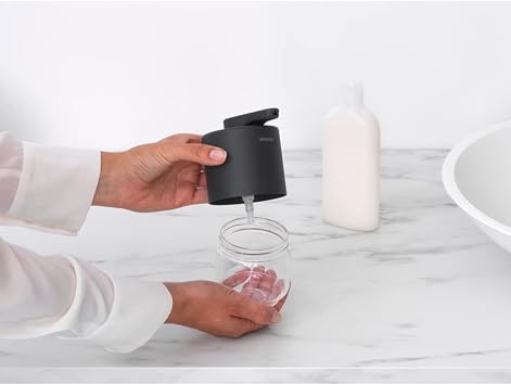 Brabantia Mindset 192 ml El Sabunu Losyon Dispenseri (Mineral Sonsuz Gri) Banyo, Mutfak Tezgahı, Damlatmaz, Doldurulabilir Cam Elde Yıkama Kremi Dispenseri
