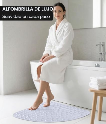 Miniatura 5 de Adov Alfombrilla De Ducha De Esquina, 54x54 Cm Alfombrilla De Baño Antideslizante Curva, Alfombrilla De Goma Cuadrante Para Suelo De Baño, Alfombrillas De Ducha Sector Lavables Con Ventosas Blanco