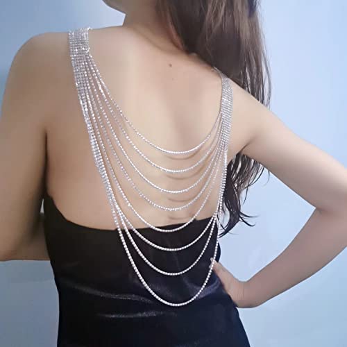 Jojomina Layered Rhinestone Backdrop Necklace For Women 8 Strand Crystal Choker And Back Chain Necklace Bridal Jewelry For Wedding Prom Party #TOP4