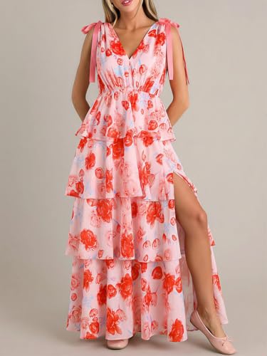 Image of Wenrine Womens Summer Floral Maxi Dress Tie Strap Sleeveless V Neck High Slit Boho Ruffle Tiered Beach Dresses