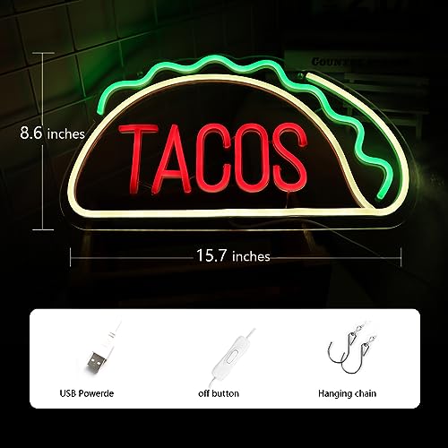 Image of Tacos Neon Signs for Wall Decor Neon Lights for Tortilla Shop Led Signs Suitable for Mexican Restaurant Bar Unique Gift for Lover 5V Usb Power 15.8 * 8.7 Inch(Red + Green + Warm White)