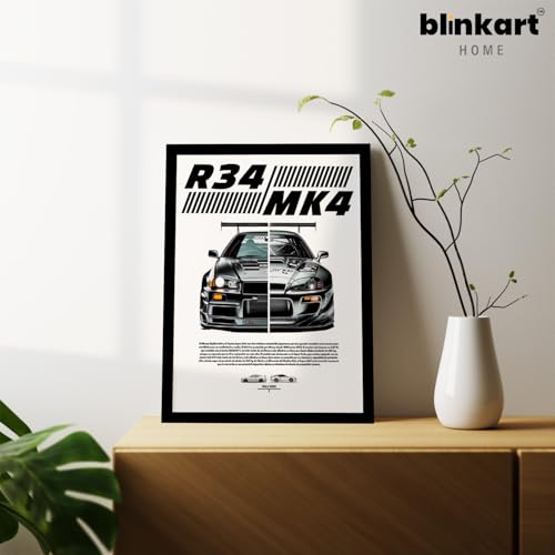 Image of BLINKART Nissan & Toyota Skyline R34 & Supra MK4 Framed Posters Gift Items Boys Room Wall Decoration Bedroom Office Studio Synthetic Wood Frame & Acrylic Glass Ready to Hang - 12x8 In, (A4 Size)-CAR-178