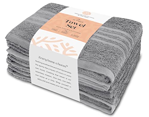 White Classic 12 Piece Bath Towel Set for Bathroom - Wealuxe Collection 2 Bath Towels, 4 Hand Towels, 6 Washcloths 100% Cotton Soft and Plush Highly Absorbent, Soft Towel for Hotel & Spa - Light Gray