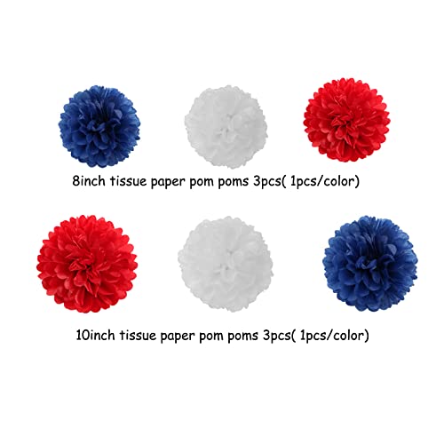 Image of Fourth-4th of July Imemorial-Day Party-Decorations - 8pcs Red White Blue Patriotic Banner Hanging USA Garland Streamers, Paper Tissue Pom Poms Flowers,America Independence Day Decor Lasting Surprise