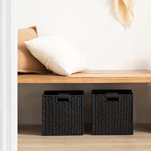 Ubbcare 3 Pack Wicker Basket, 11W×11.8L×11.8H Inch Woven Paper Rope Storage Baskets For Shelves, Foldable Cube Storage Bin With Handle, Storage Basket For Organizing & Decor, Black #TOP4