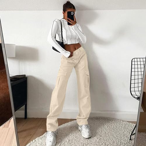 Image of Lepunuo Cargo Pants for Women High Waisted Casual Pants Baggy Stretchy Wide Leg Y2K Streetwear with 6 Pockets