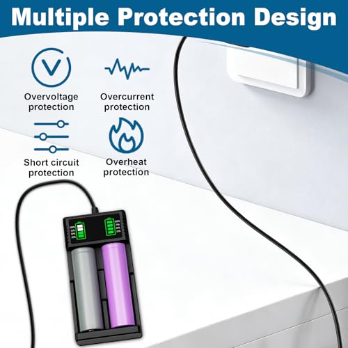 Universal Akku Ladegerät für 3,7V 18650 21700 26650 26700 14500 18500, Baterieaufladegerät mit 2 Schacht für Li-Ion Akku AAA AA, Akkuladegerät mit USB Kabel LED-Anzeige