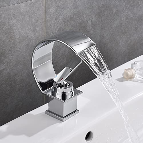 Robinet de salle de bain cascade noire et chrome mitigeur monotrou à poser sur pont