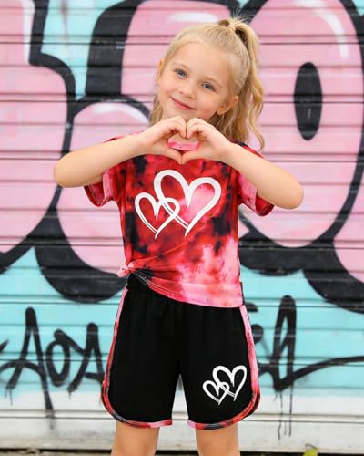 Image of Kids Girl Clothes Tie Dye Heart Print Short Sleeve Top and Shorts Toddler Girl Summer Outfits Short Set