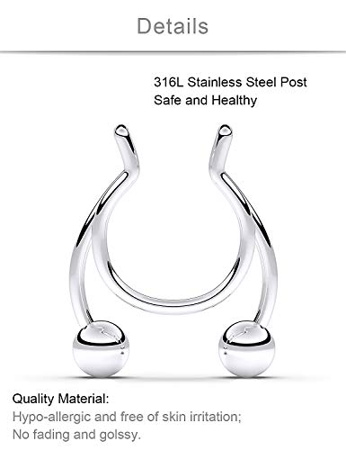 SCERRING Fake Septum Nose Hoop Rings Stainless Steel Faux Lip Ear Nose Septum Ring Non Piercing Clip On Nose Hoop Rings Body Piercing Jewelry Clear CZ 15PCS3