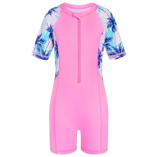 HOZIY Girls Rash Guard Swimsuit One Piece Short Sleeve Front Zipper Swimwear UPF 50+ Bathing Suits 4-14Y 4-5T A Blue Mermaid