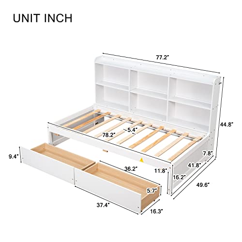 Twin Size Captain Bed With 2 Storage Drawers Wood Day Beds With Side Bookcase, Twin Bed Frame For Kids, Boys, Girls & Teens, No Box Spring Needed, White #TOP1