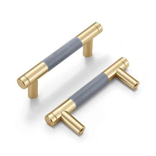 Dazzleeta 10 Pack 3 Inch Cabinet Handles Gold and Grey Modern Drawer Pulls Round Brass Cabinet Pulls with Knurled Pattern Kitchen Cabinet Hardware