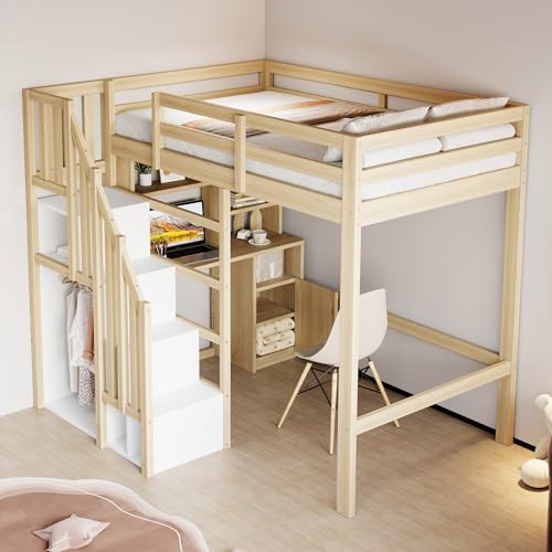 Merax Hochbett 90x200 cm, Massivholzrahmen, mit Arbeitstisch, Regalen & Schränken, sicherer Stauraum-Treppe, platzsparendes Jugendbett/Kinderbett,...