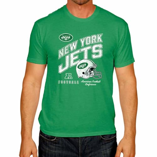 Team Fan Apparel NFL Adult Distressed Helmet Tag-Less T-Shirt, Unisex Football Tee, Soft Comfortable Cotton, Officially Licensed (New York Jets - Kelly Green Heather, X-Large)