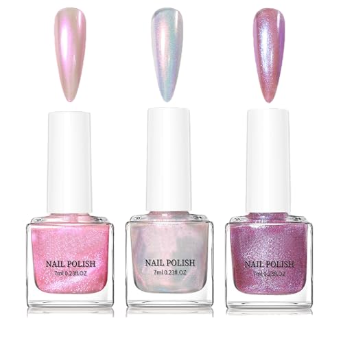 3Pcs Mermaid Nail Polish Set - Mermaid White, Pink & Purple Shimmer Nail Polish. High Glitter Holographic Chrome Polish, Gel Effect & Weak Smell for Manicure, Quick Drying & Long Lasting Nail Varish