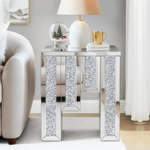 MONNIYU Mirrored Accent End Table, Crushed Diamond Side Table, Inlaid with Crystal Diamonds, Feature Glass Tops and Silver Frames, Making Them Suitable for Living Rooms, Corner Decoration, Bedrooms