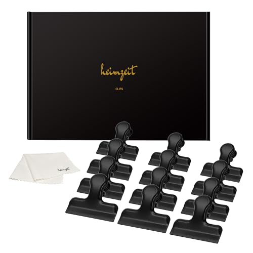heimzeit Clips para Bolsas de Alimentos, Bolsas y Documentos hechos de Acero Inoxidable, Negro [12 Piezas, 40 x 15 x 15 mm] Pinzas de Colores, Fuerte Fuerza de Resorte
