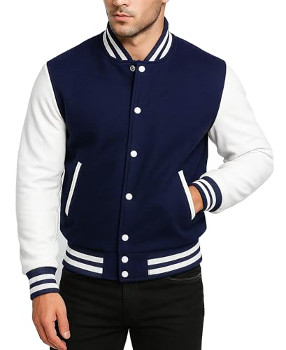 Image of Men's Varsity Jacket Faux Leather Sleeve Wool Blend Letterman Jacket - High School Baseball Bomber Jackets for Men