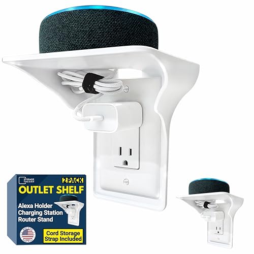 BeraTek Power Perch Wall Outlet Shelf with Cord Storage Strap - Declutter & Reclaim Counter Space - Top Uses: Charging Shelf, Echo Dot Stand, Apple Ho