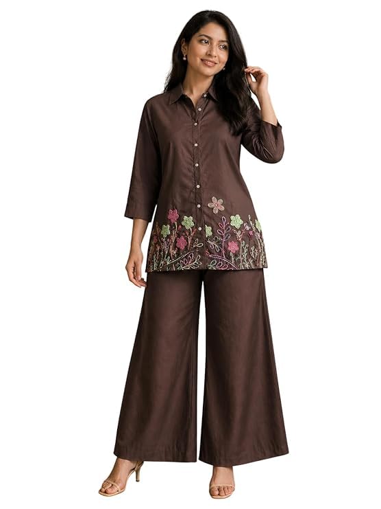 grishneshwar art Women’s Purple Embroidered Co-Ord Set | Stylish Collar Neck Kurta Top with Wide Leg Palazzo Pants | Ethnic Casual Wear for Women-picture-24