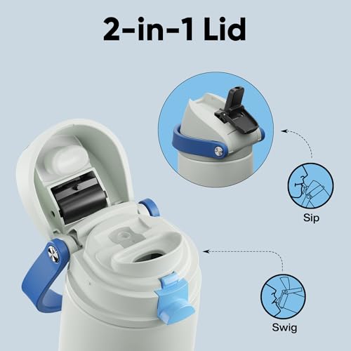Image of Insulated Water Bottle with Straw - Encool Stainless Steel Water Bottle with Push Button Lid, Leak-Proof & BPA-Free, Keeps Cold for 24 Hours for Sports, Travel, Gym (24 oz, Quill Grey-Blue)