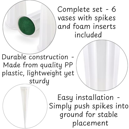 Image of Goaste 6 Pack Cemetery Vases with Spikes, Memorial Floral Vases with Foam Inserts, Grave Flower Holder Cones for Outdoor Use, Lawn Headstone Graveside Decoration, Fresh or Artificial Flowers, White