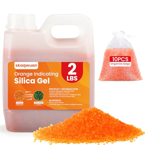 skaqwuan 2 LBS Orange Indicating Silica Gel Desiccant Beads, Industry Standard 3-5mm Reusable Desiccant, for 3D Printer Electronics Camera Jewelry Paintings (10PCS Organza Bag)
