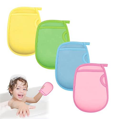 Gants de Bain exfoliants Super Doux, 4 Pièces Gant de Bain Exfoliant Magique, Gants Exfoliants pour le Corps, Brosses de bain en éponge Indolores, Réutilisables, Douces et Confortables Cover