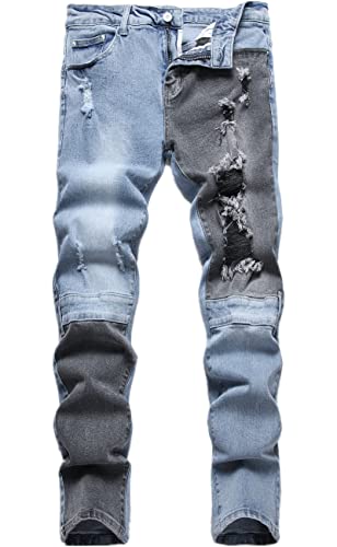 FREDD MARSHALL Men's Skinny Fit Ripped Distressed Stretch Patched Biker Moto Style Fashion Hip Hop Washed Denim Jeans Pants