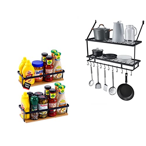 Kes Kitchen Pot Rack & Spice Rack, Mounted Hanging Rack For Kitchen Storage And Organization, Kur215S75B-Bk+Ksr528-Bk #TOP22