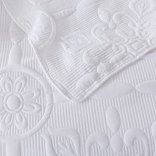 Damask Quilt King Size Bedding Sets With Pillow Shams, Boho Lightweight Soft Bedspread Coverlet, White Quilted Blanket Thin Comforter Bed Cover For All Season Spring Summer, 3 Pieces, 104X90 Inches #TOP6