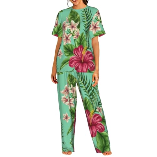 Pyjama hawaïen 2 pièces vêtement de nuit haut manches courtes et pantalon long imprimé tropical