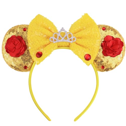 Mouse Ears Headband with Beauty Red Rose, Princess Belle Ears Headbands for Halloween Costume, Princess Party Headwear Hair Accessories for Women - Red Rose
