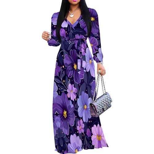 Image of PinkPatty Women's Print Maxi Dresses 3 /4 Sleeve Flowy Long Dress V Neck Wrap Tie Waist Sundress