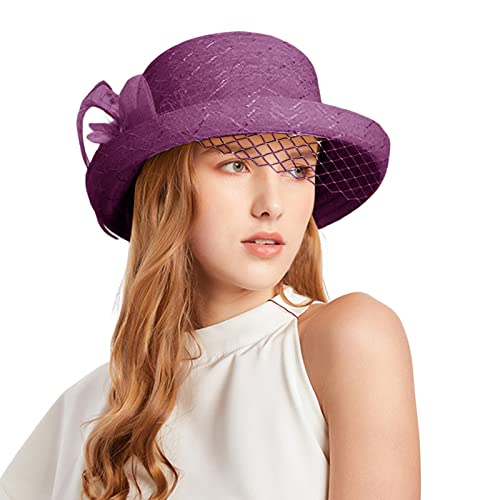 OBiQuzz Primavera-Verano Malla Sombreros Sombreros Flores Temperamento Vestido de Boda Sombrero de Sol Cúpula Grande Ala Sombrero de Moda para Mujer Sombrero de Sol Tela Mujer, morado, Talla única