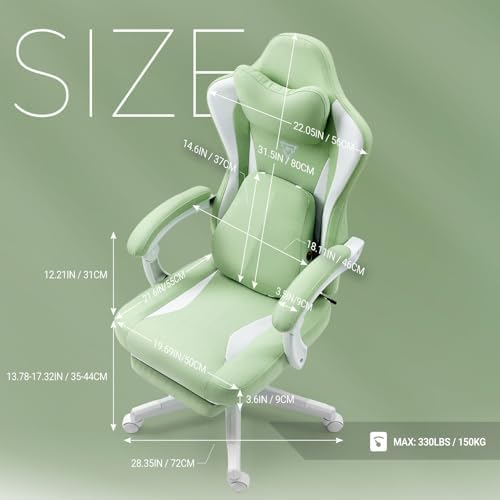 Ergonomic Gaming Chair with Heating, 360° Swivel, Pocket Spring Comfort, High Back Office Chair for Adults, Supports 350 lbs, Green, Ideal for Gaming & Work