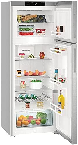 Close-up interior view of the Liebherr CTNEF5215 refrigerator, highlighting the bottle rack and fresh produce drawer.