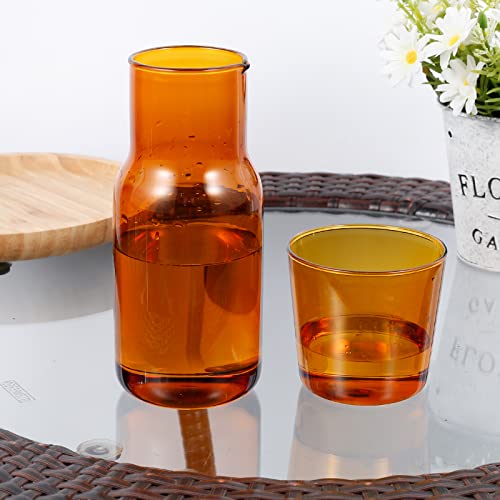 Bedside Water Carafe with Tumbler Glass Water Pitcher with Cup Large Capacity Nightstand Carafe Set Vintage Bedside Glass Carafe Set Night Water Pitcher for Bedroom Office 17.5oz (Amber)