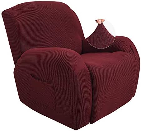JIVINER Super Stretch Recliner Chair Covers 4 Pieces Sofa Slipcover for Recliner Chair Spandex Soft Recliner Slipcover with Pockets Recliner Furniture Protector (Recliner, Wine Red)