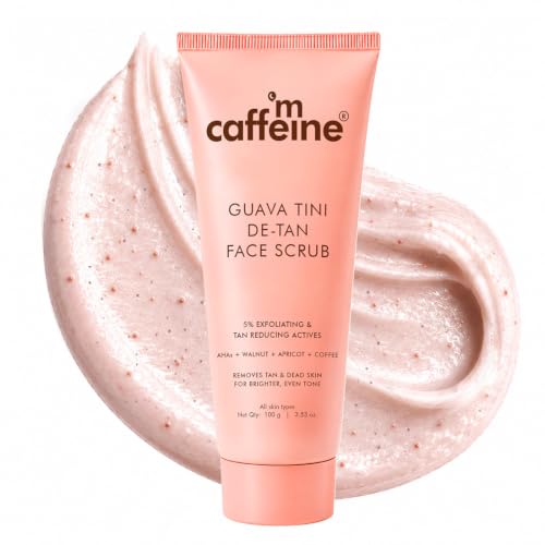Image of mCaffeine Guava Tini De-Tan Face Scrub | 5% Physical & Natural Exfoliants | De-Tanned, Smoother Skin | Pore Cleansing | Removes Blackheads | AHAs - Glycolic & Lactic Acid | Walnut & Apricot | For Women & Men | Suitable for All Skin Types - 100g