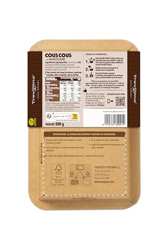 Marokkanischer Couscous Trevijano: 6 Schalen à 300 g. Ohne Zusatzstoffel: Couscous, getrocknete Tomaten, Sonnenblumenkerne, Knoblauch, rote Paprika, Zwiebel, Kreuzkümmel, Minze, Chili, Koriander.