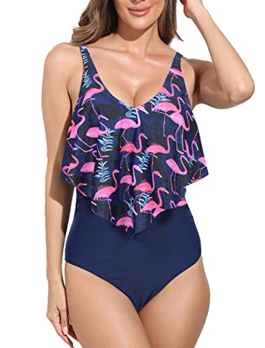 Bañadores para Mujer Una Pieza Volantes Trajes de Baño Cuello en V Elegante Control de Barriga Tallas Grandes Morada XL