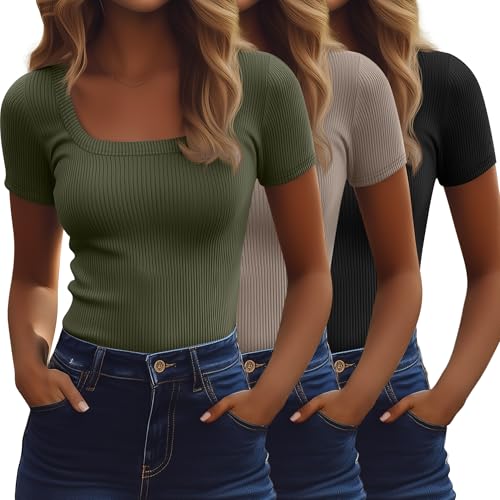 Ficerd 3 Pack Women's Short Sleeve Scooped Neck T Shirts Tops Basic Ribbed Knit Tee Slim Fit Solid Color Shirt