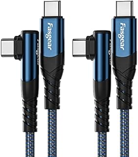 Fasgear USB C to USB C cable, 2 Pack 1.8m 60W Type C to Type C Right Angle 90 Degree, PD Fast Charging Charger Lead Compatible for Galaxy S22 S21 Mac-Book i-Pad Pro (6ft, 2 Blue)