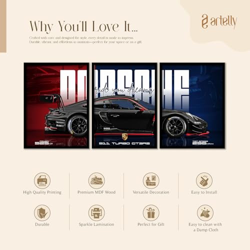Image of ARTELLY Big Porsche 911 GT3rs Sports Car Framed Wall Posters, Set of 3, Premium Framed Painting, Living Room Bedroom Decoration, Large Size Gift Item for Boys Room Decor (Porsche 4, 19x25 inch)