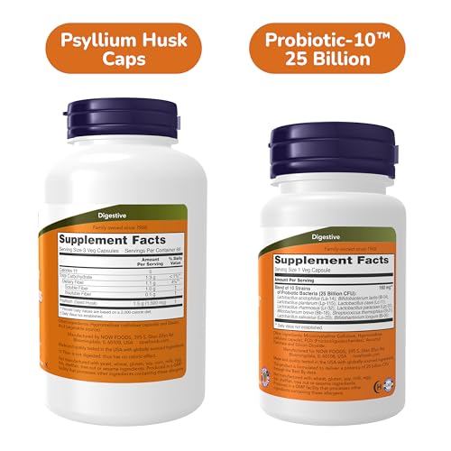Image of NOW Foods Digestive Health Bundle - Probiotic + Psyllium Husk Supplements | Probiotic-10(TM) 25 Billion CFU for Women & Men 50ct + Psyllium Capsules 200ct - Support Digestion, Gut Health, Regularity*